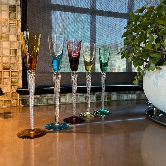 Stuart Lot 5 Long Stem Cordial Flute IONA AIR TRAP SPIRAL TWIST Colorful Crystal - Picture 10 of 16